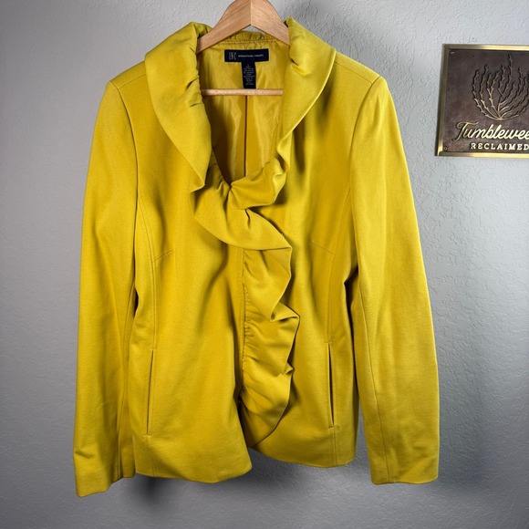 INC International Concepts Womens Yellow Ruffle Front Ponte Knit Jacket Large - Picture 2 of 8